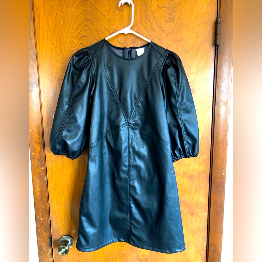 Women’s H&M Faux Leather Black Dress With Puff Sleeves